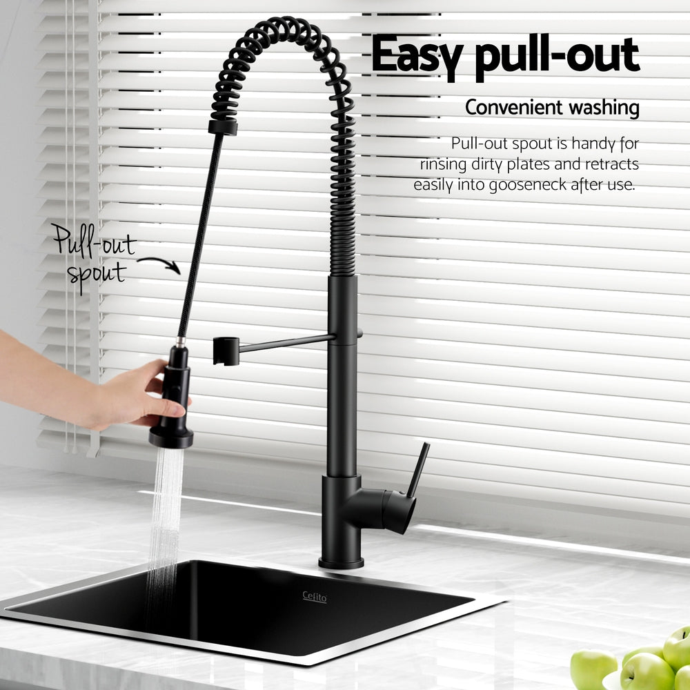 Stainless steel kitchen sink with pull out mixer tap, black single bowl 51x45cm