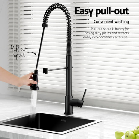 Stainless steel kitchen sink with pull out mixer tap, black single bowl 51x45cm