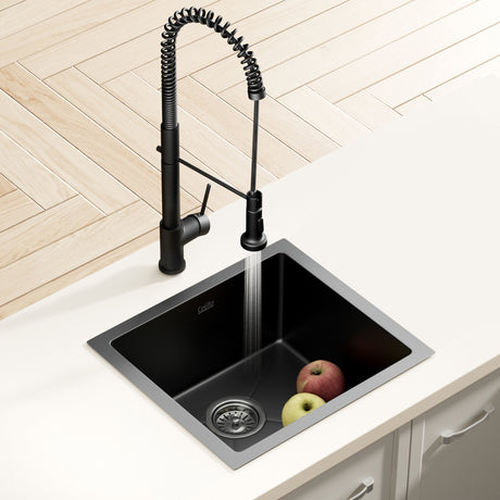 Stainless steel kitchen sink with pull out mixer tap, black single bowl 51x45cm