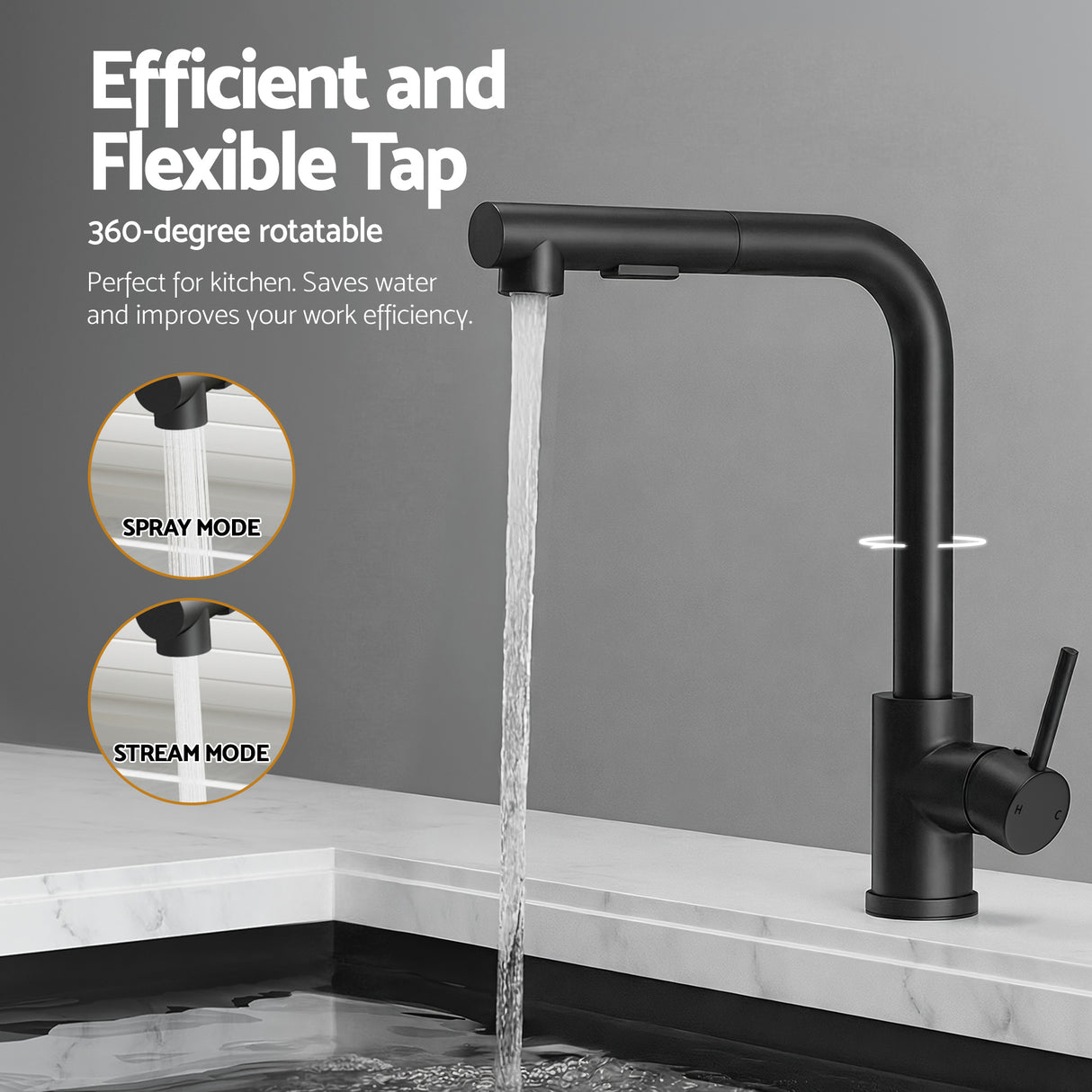 Stainless steel kitchen sink with pull out mixer tap, black single bowl 60x45cm