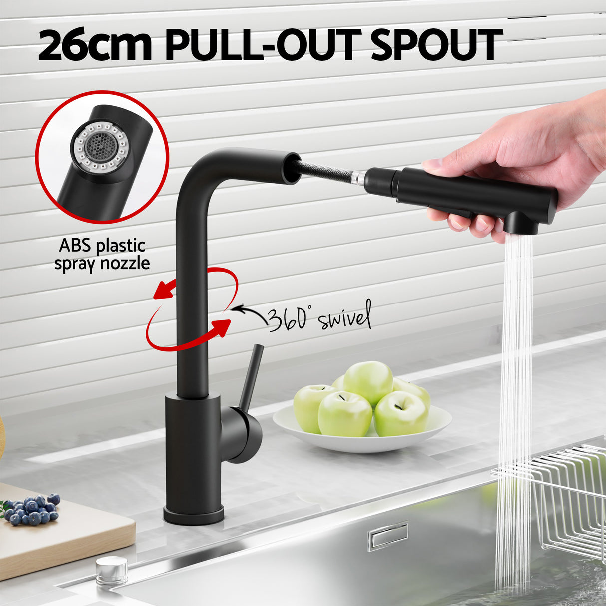 Stainless steel kitchen sink with pull out mixer tap, black single bowl 60x45cm