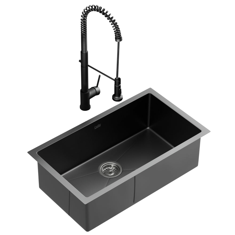 Stainless steel kitchen sink with pull out mixer tap, black single bowl 70x45cm