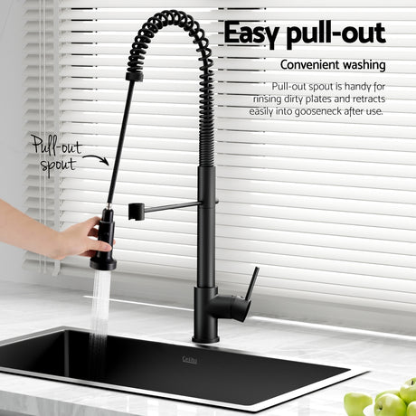 Stainless steel kitchen sink with pull out mixer tap, black single bowl 70x45cm