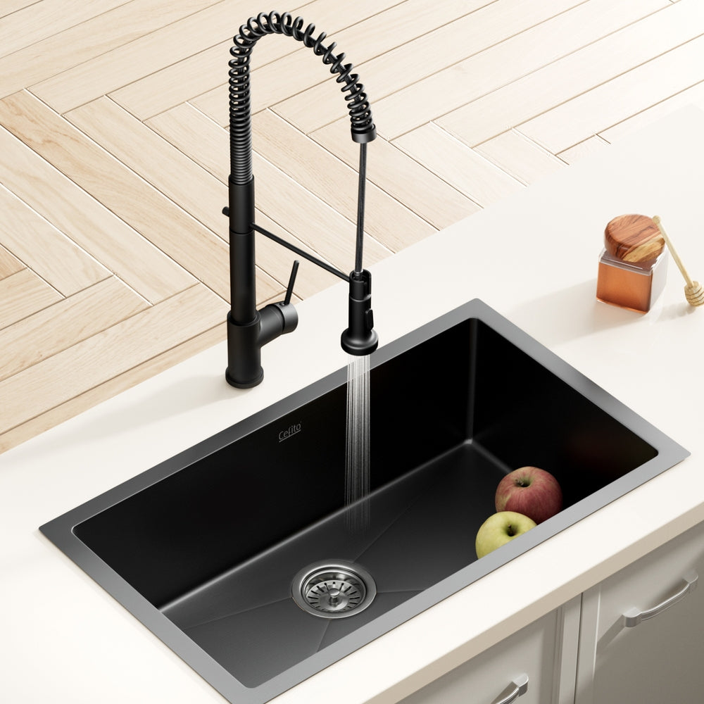 Stainless steel kitchen sink with pull out mixer tap, black single bowl 70x45cm