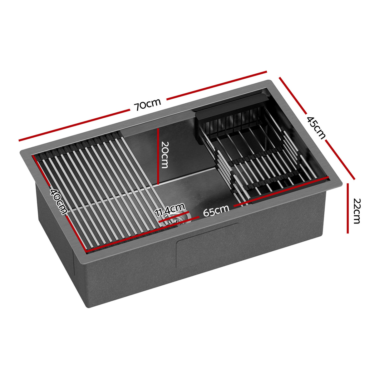 Stainless steel kitchen sink with pull out mixer tap, black single bowl 70x45cm