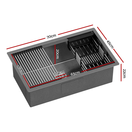 Stainless steel kitchen sink with pull out mixer tap, black single bowl 70x45cm