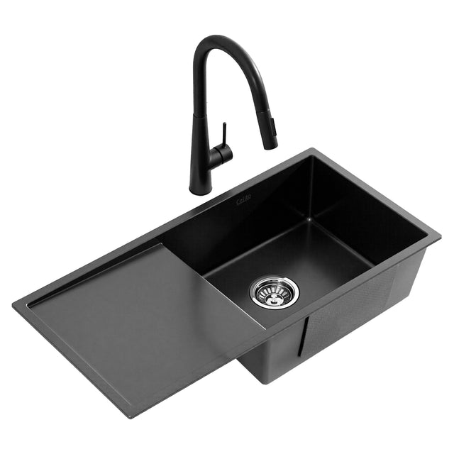 Stainless steel kitchen sink with pull out mixer tap, black single bowl 75x45cm