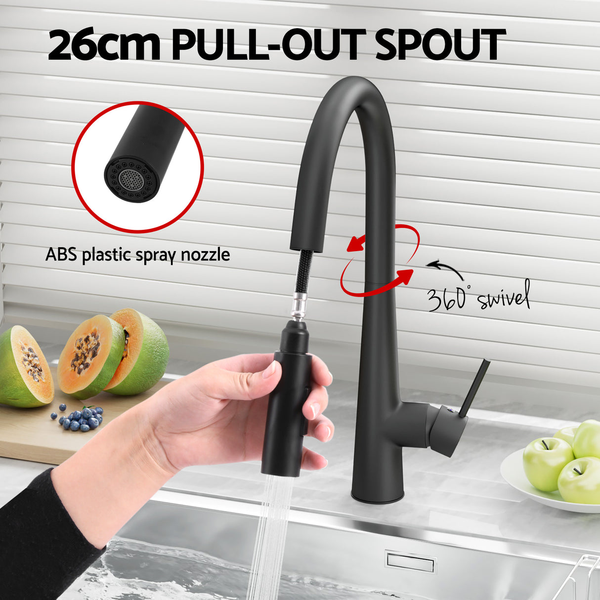 Stainless steel kitchen sink with pull out mixer tap, black single bowl 75x45cm