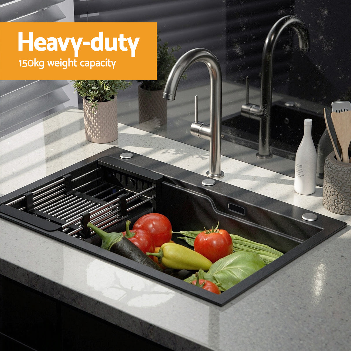 Stainless steel kitchen sink, black single bowl 75x45cm