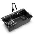 Stainless steel kitchen sink with pull out mixer tap, black single bowl 75x45cm