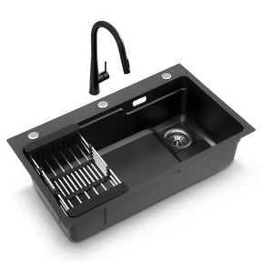 Stainless steel kitchen sink with pull out mixer tap, black single bowl 75x45cm