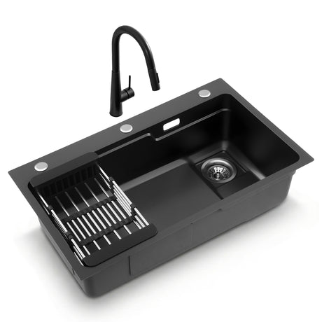 Stainless steel kitchen sink with pull out mixer tap, black single bowl 75x45cm
