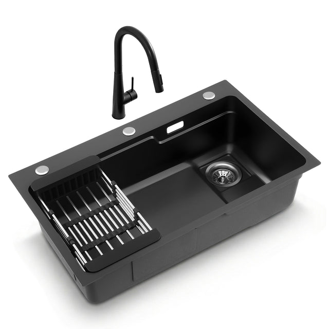 Stainless steel kitchen sink with pull out mixer tap, black single bowl 75x45cm