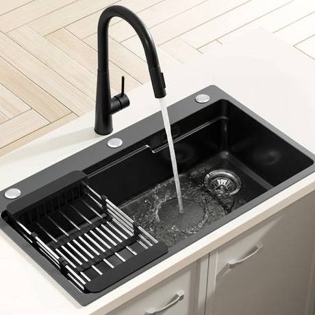 Stainless steel kitchen sink with pull out mixer tap, black single bowl 75x45cm