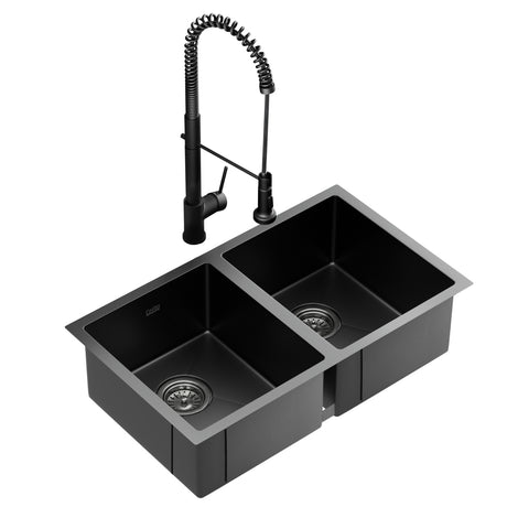 Stainless steel kitchen sink with pull out mixer tap, black double bowl 77x45cm