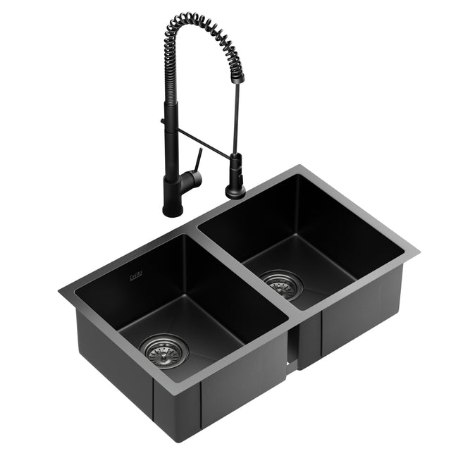 Stainless steel kitchen sink with pull out mixer tap, black double bowl 77x45cm