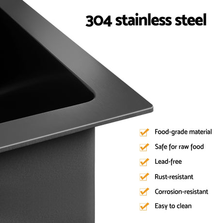 Stainless steel kitchen sink with pull out mixer tap, black double bowl 77x45cm