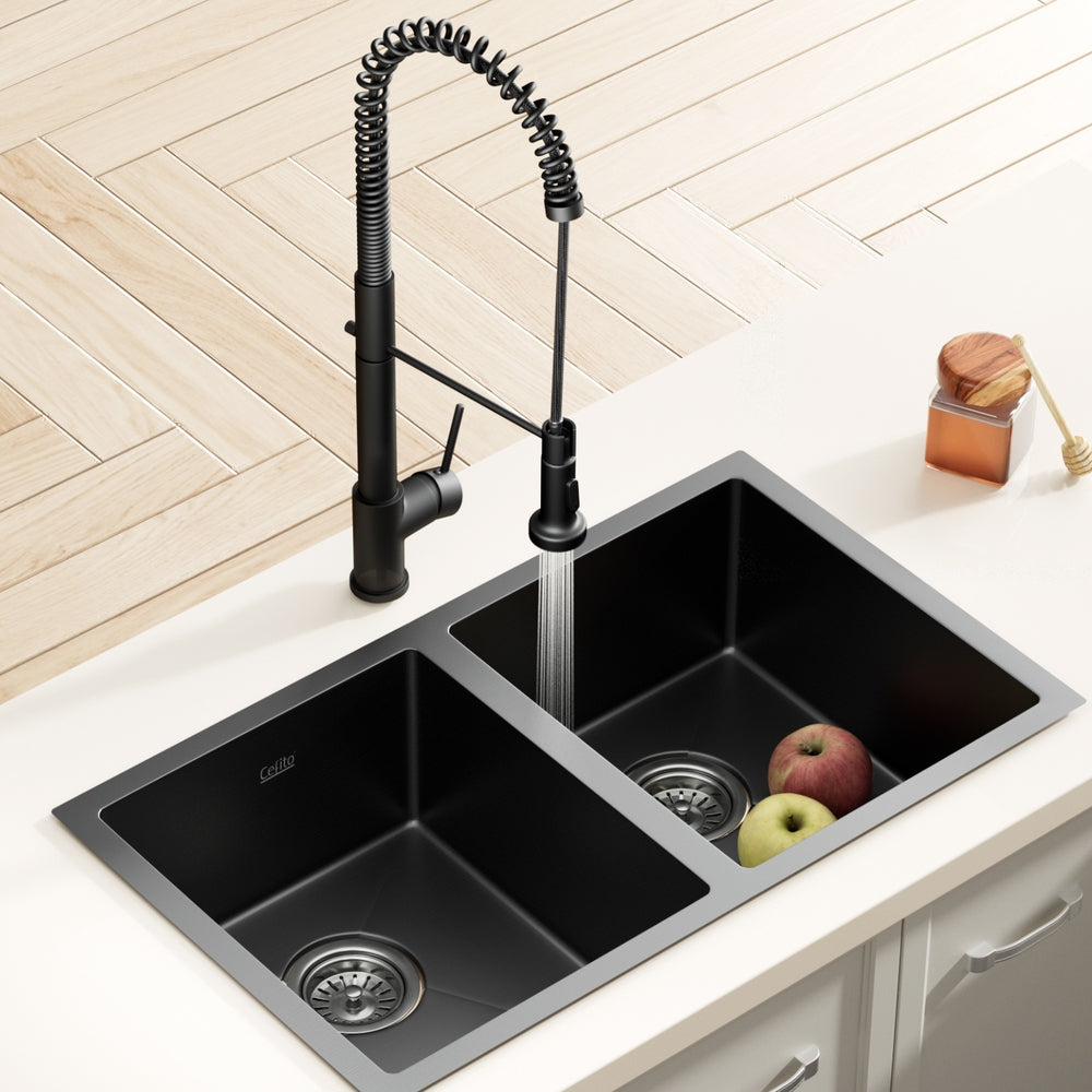 Stainless steel kitchen sink with pull out mixer tap, black double bowl 77x45cm