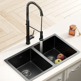 Stainless steel kitchen sink with pull out mixer tap, black double bowl 77x45cm