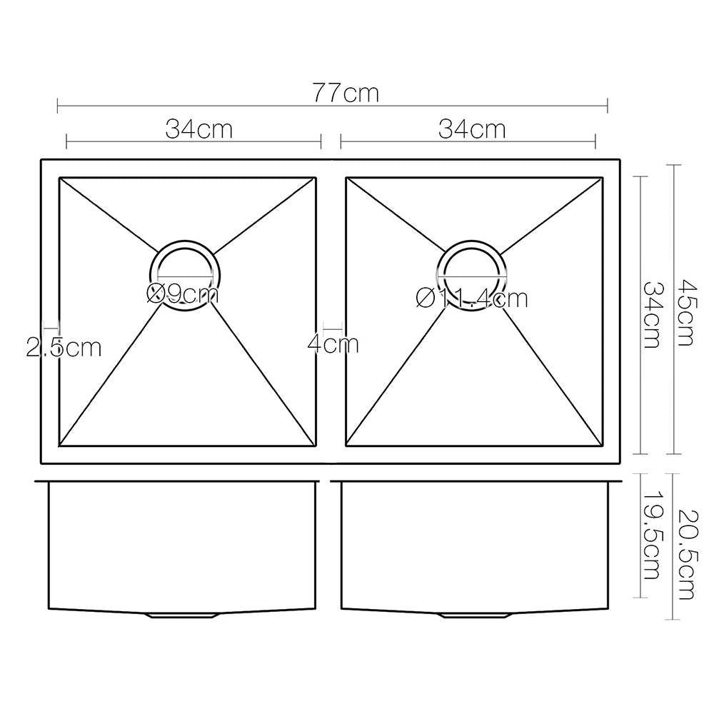 Stainless steel kitchen sink, black double bowl 77x45cm