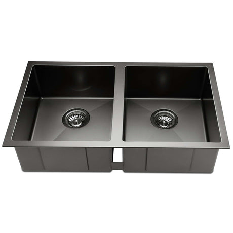 Stainless steel kitchen sink, black double bowl 77x45cm