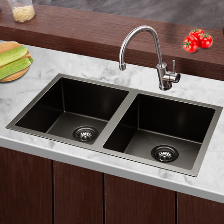 Stainless steel kitchen sink, black double bowl 77x45cm