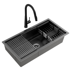 Stainless steel kitchen sink with pull out mixer tap, black single bowl 81x45cm