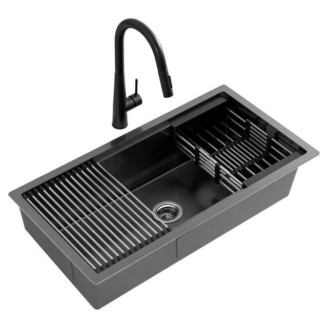 Stainless steel kitchen sink with pull out mixer tap, black single bowl 81x45cm