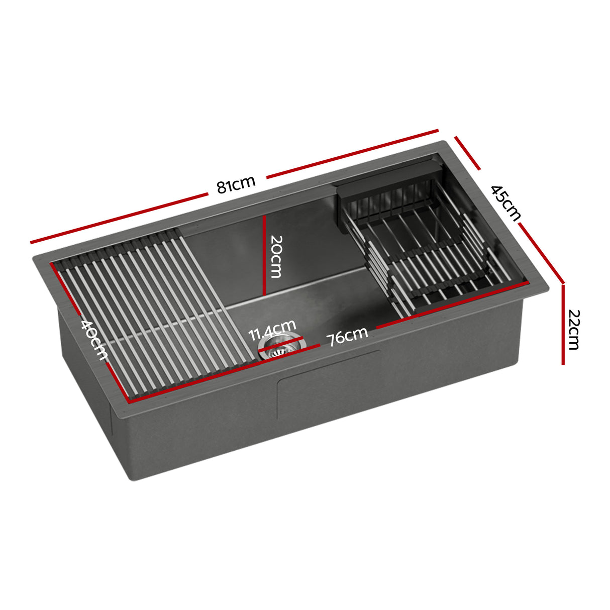 Stainless steel kitchen sink with pull out mixer tap, black single bowl 81x45cm