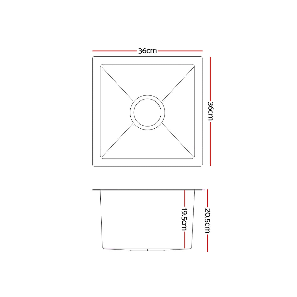 Kitchen sink, stainless steel silver single bowl 36x36cm