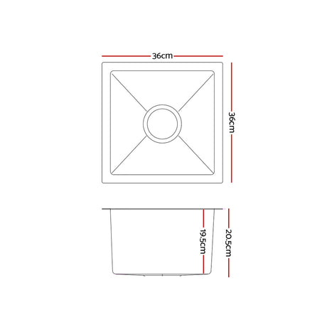 Kitchen sink, stainless steel silver single bowl 36x36cm