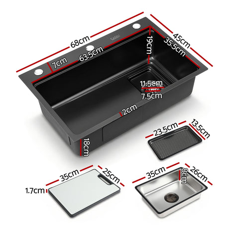Bar prep sink, stainless steel black textured nano finish 68x45cm