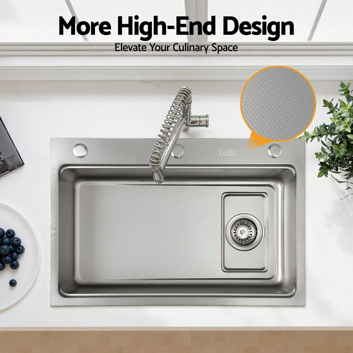 Stainless steel bar prep sink, silver textured nano finish 68x45cm
