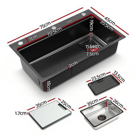 Stainless steel bar prep sink, black textured nano finish 75x45cm
