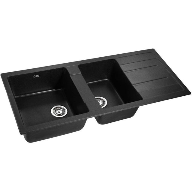 Granite stone kitchen sink, black double bowl 116x50cm