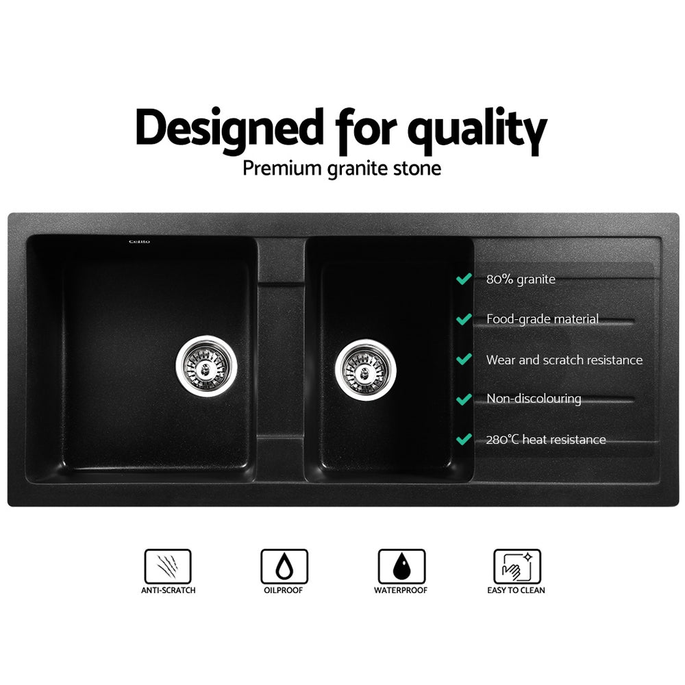 Granite stone kitchen sink, black double bowl 116x50cm