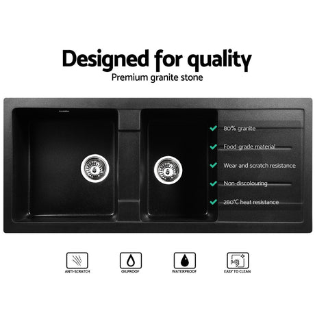 Granite stone kitchen sink, black double bowl 116x50cm