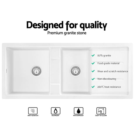 Granite stone kitchen sink, white double bowl 116x50cm