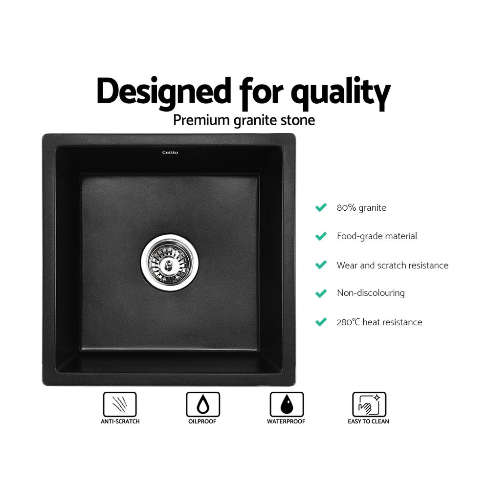 Granite stone laundry sink, black single bowl 45x45cm
