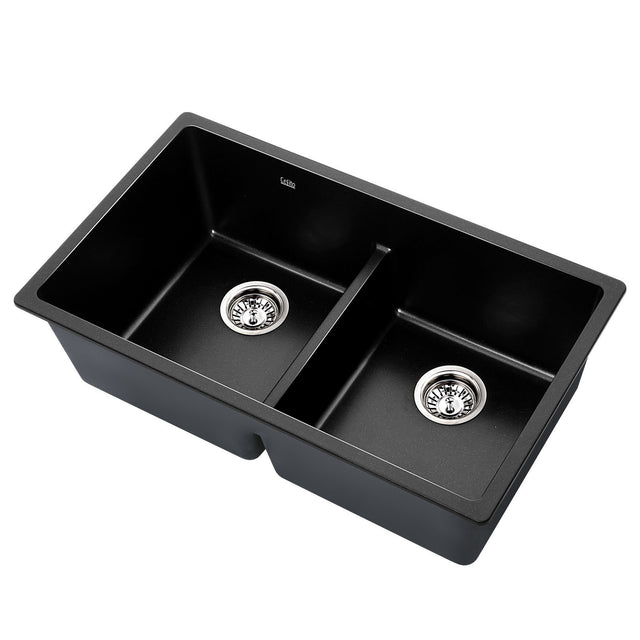 Granite stone kitchen sink, black double bowl 79x46cm