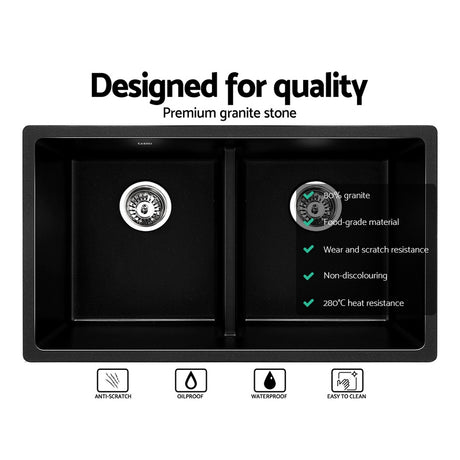 Granite stone kitchen sink, black double bowl 79x46cm