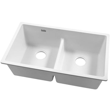 Granite stone kitchen sink, white double bowl 79x46cm
