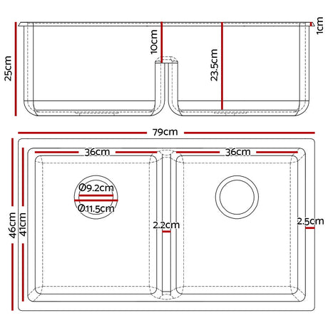 Granite stone kitchen sink, white double bowl 79x46cm