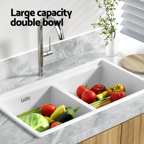 Granite stone laundry sink, white double bowl 79x46cm