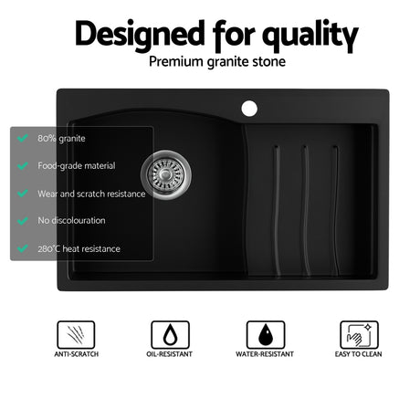 Granite stone laundry sink, black single bowl 74x45cm