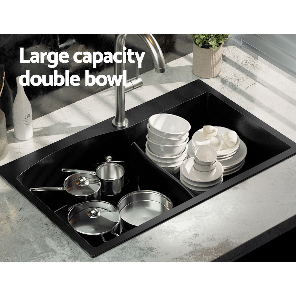 Granite stone laundry sink, black double bowl 76x47cm