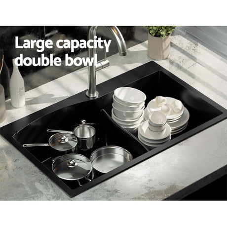 Granite stone laundry sink, black double bowl 76x47cm