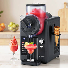 Black 2 L slushie machine and ice cream maker with transparent cover, front view