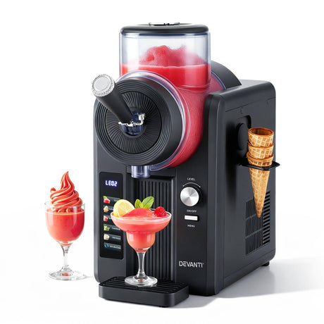 Countertop slushie and soft serve machine shown at an angle in black