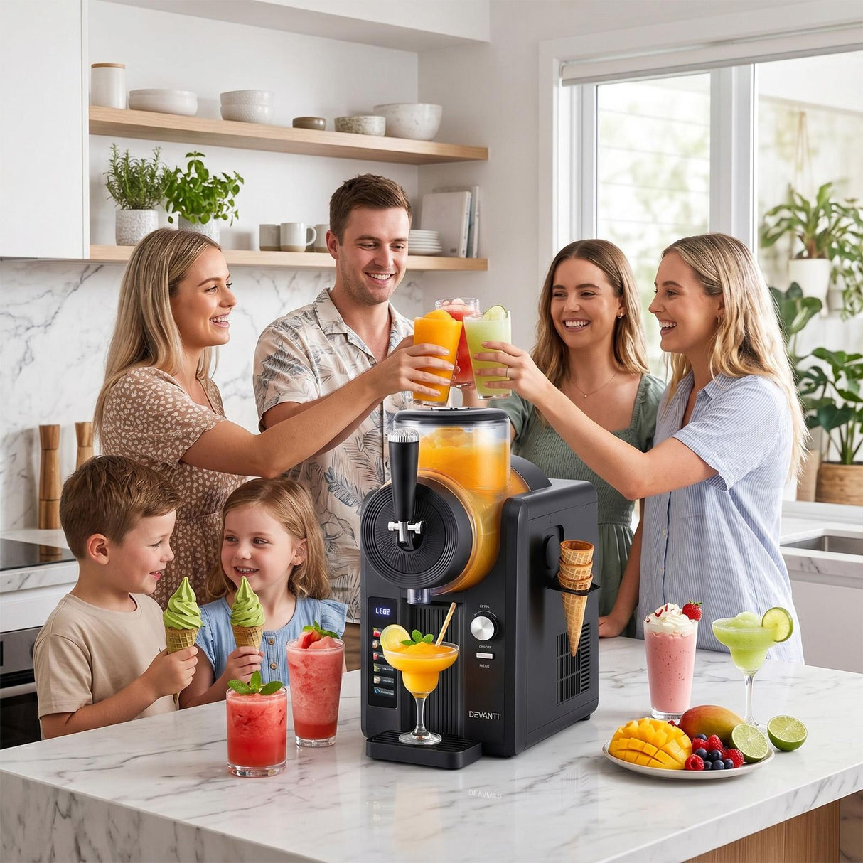 Dimension diagram of the slushie machine, 38 x 21.5 x 44 cm